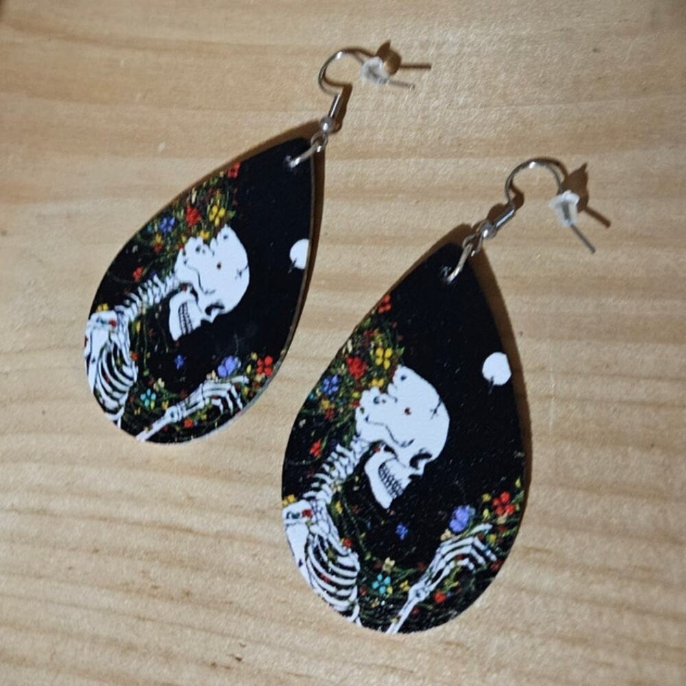 Skeleton Floral Faux Leather Teardrop Dangle Earrings Goth Witchy NEW